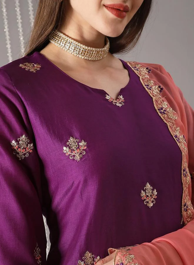 globus Women Purple Floral Embroidered Straight Kurta with Pant and Contrast Dupatta Set